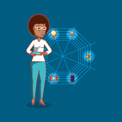 cartoon woman with network with social media related icons over blue background, colorful design. vector illustration