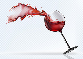 A glass of red wine splashing in the fall. Realistic vector image.