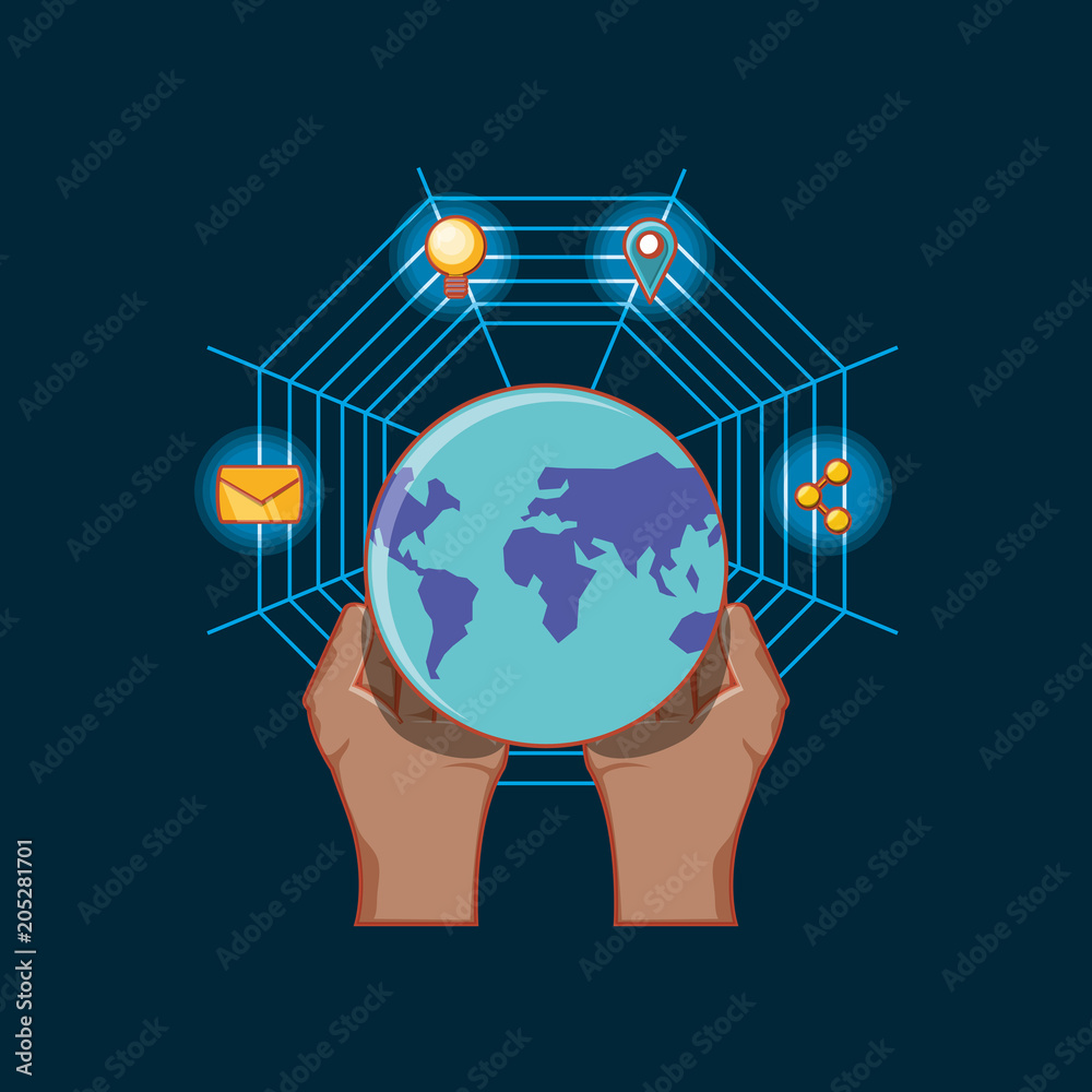 Sticker hands with earth planet and social media related icons over blue background, colorful design. vector