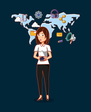 cartoon woman with social media related icons over world map and blue background, colorful design. vector illustration