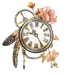 steam punk watercolor Illustration, roses, feathers, clockwork,  jewelry, clock,  Flowers. tattoo style. Illustration isolated on white background. Vintage print.