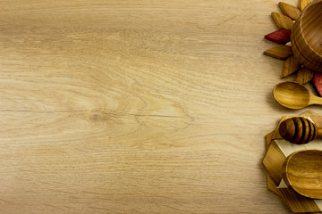 Handmade various wooden utensils. Kitchen equipment concept Empty space for text