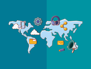 world map with social media related icons over blue background, colorful design. vector illustration