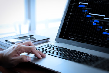 Close up of business man working on laptop computer on wooden desk as concept