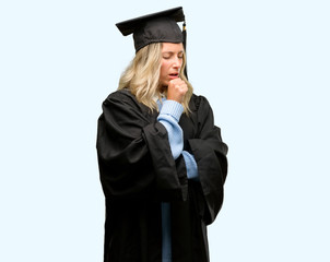 Young graduate woman sick and coughing, suffering asthma or bronchitis, medicine concept