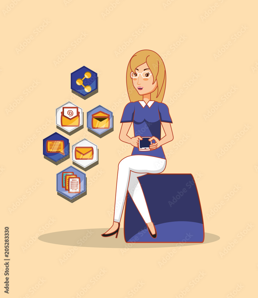 Wall mural cartoon woman sitting with social media related icons over orange background, colorful design. vecto