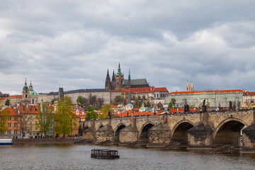 Scenic view on Vltava river and historical center of Prague, buildings and landmarks of old town, Czech Republic