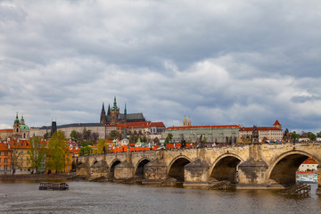 Fototapeta na wymiar Scenic view on Vltava river and historical center of Prague, buildings and landmarks of old town, Czech Republic