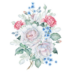 Watercolor Floral Bouquet with White and Pink Roses and Forget-me-not Flowers