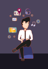 cartoon man stitting with social media related icons over blue background, colorful design. vector illustration