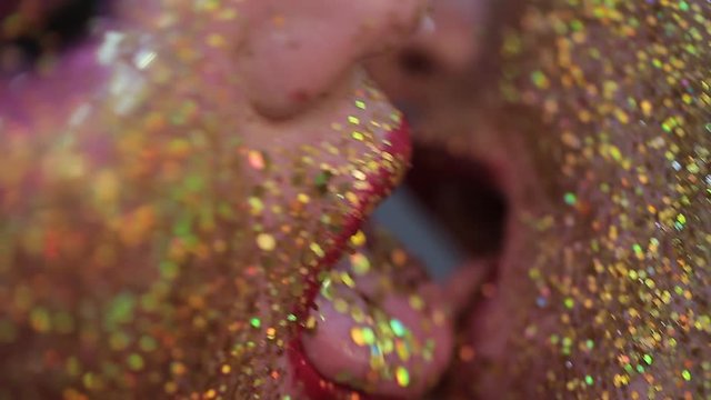 Two homosexual girls kissing her Lips with Tongue - Fashion golden Makeup