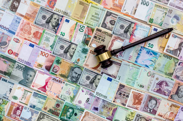 Top view of judge gavel on banknote background