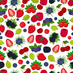 Vector seamless pattern of berries. Strawberry, black currant, bluberry, gooseberry, cherry, acerola