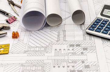 Engineer's drawing background for different tools on table