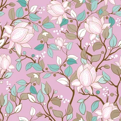 Behangcirkel Delicate seamless pattern with large decorative magnolias. Vector floral wallpaper © sunny_lion