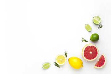 Colored of fruits on the white background. Top view.