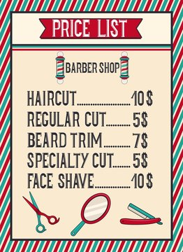 Barbershop price list vintage template. Gentleman hair styles listed. Haircut and shave. Vector illustration