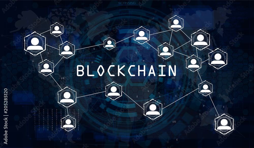 Poster Blockchain Network Concept, World Map Vector Background Illustration, Global Abstract Cryptocurrency Network With Computer Background and The Inscription Blockchain