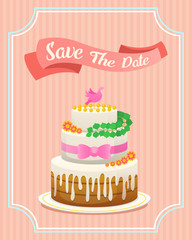 Wedding cake card. Valentines Day. Newlyweds vector illustration. Love concept for Bride And Groom. Just married, summer landscape. Vintage Poster Banner. Rustic background.