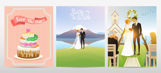 Newlyweds card. Bride And Groom. Wedding ceremony. Valentines Day. vector illustration. Love concept. Just married, summer landscape. Vintage Poster Banner. Rustic background.