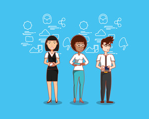 cartoon people standing with social media related icons over blue background, colorful design. vector illustration