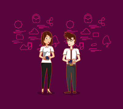 cartoon woman and man standing with social media related icons over purple background, colorful design. vector illustration