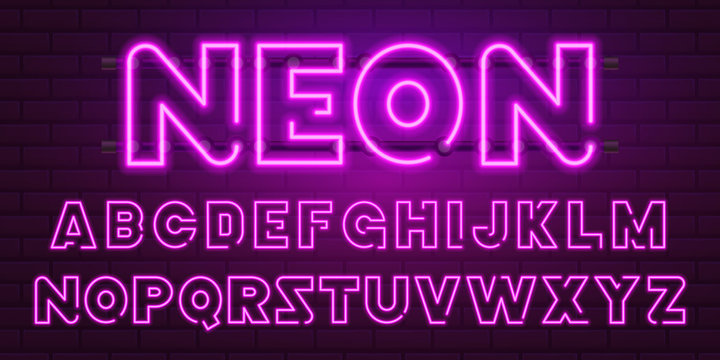 80 s purple neon retro font. Futuristic chrome letters. Bright Alphabet on dark background. Light Symbols Sign for night show in club. concept of galaxy space. Set of types. Outlined version.