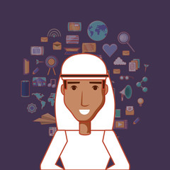 cartoon arabic man icon over social media related icons background, colorful design. vector illustration