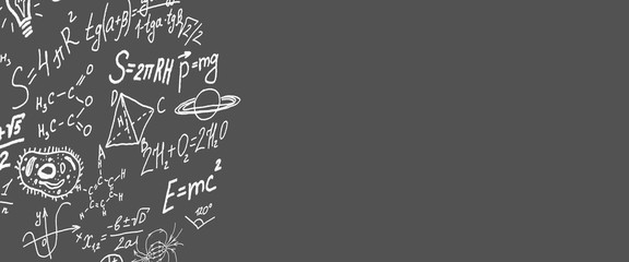 Science symbols, formulas on grey background copy space 3D illustration