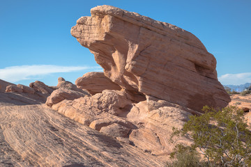 Geologische Formation in Form eines riesigen Felsen im Valley of Fire bei warmer und tief stehender Sonne