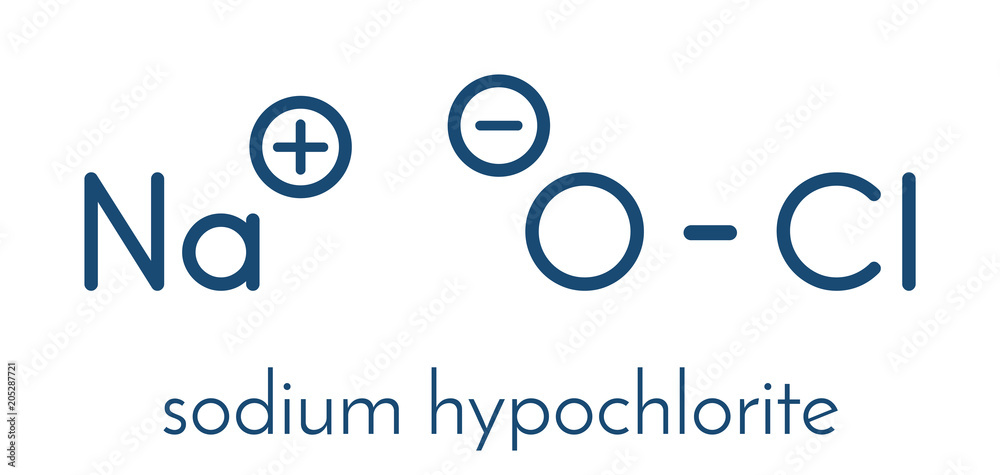 Poster Sodium hypochlorite (NaOCl) molecule. Aqueous solution is known as (liquid) bleach. Skeletal formula.