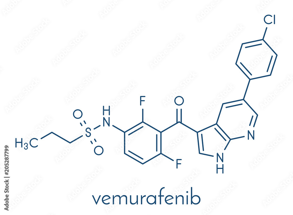 Sticker Vemurafenib melanoma drug molecule. Skeletal formula.