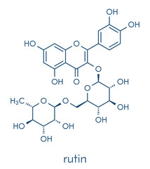 Rutin (rutoside, sophorin) molecule. Herbal glycoside composed of quercetin and rutinose. Skeletal formula.
