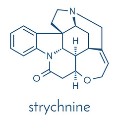Obraz premium Strychnine poisonous alkaloid molecule. Isolated from Strychnos nux-vomica tree. Skeletal formula.