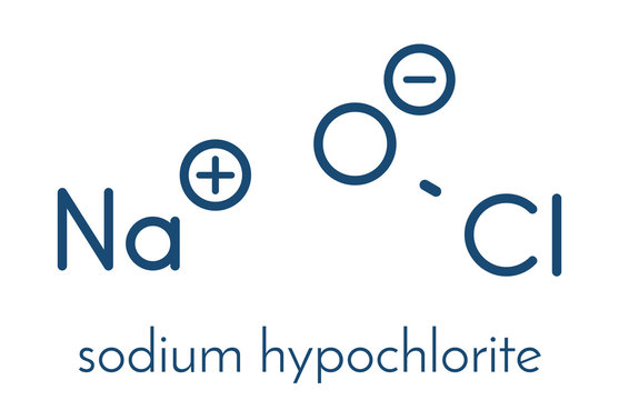 Sodium hypochlorite (NaOCl) molecule. Aqueous solution is known as (liquid) bleach. Skeletal formula.