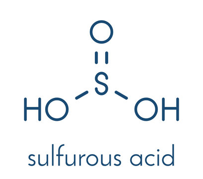 Sulfurous acid (H2SO3) molecule. Conjugate bases are bisulfite and sulfite. Skeletal formula.