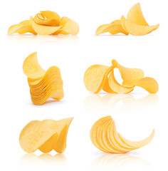 Set of potatoes chips on white background