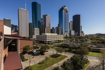 Fototapeta premium MARCH 7, 2018 , HOUSTON, TEXAS - High rise buildings in Houston cityscape illuminated at sunset, Texas, United States, Texas, United States