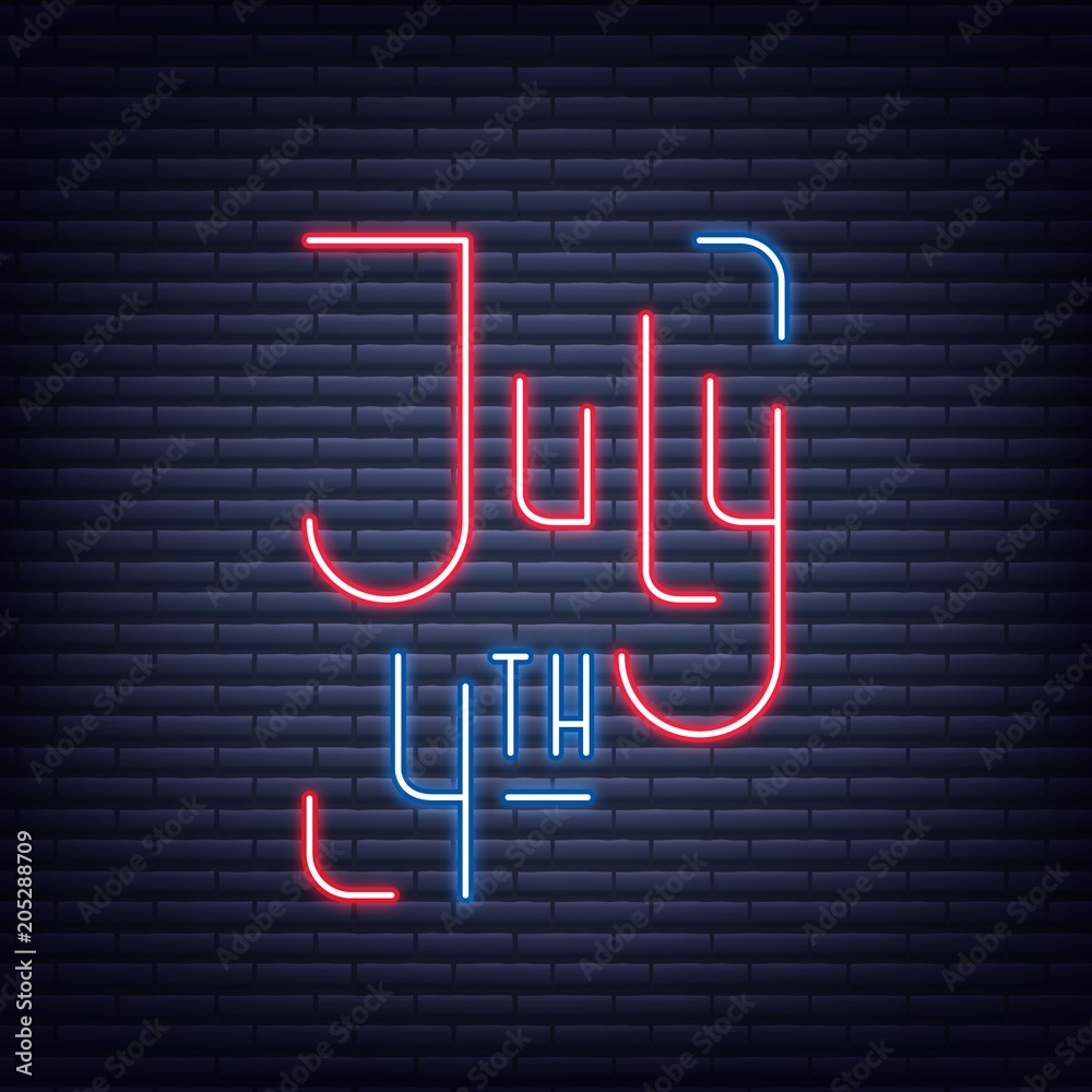 Wall mural July 4th. Neon sign of lettering logo for USA Independence Day celebration