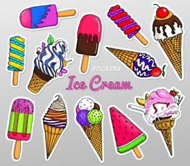 Realistic Sweet ice cream with caramel and waffle cone, chocolate and lollipops and strawberry, tasty fruit jelly and watermelon. Holiday colors in modern style. Engraved hand drawn vintage sketch.