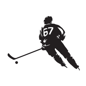 Ice hockey player skating with puck. Isolated vector silhouette