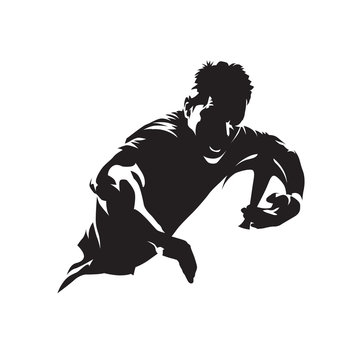 Rugby player running with ball, team sport logo. Isolated vector silhouette