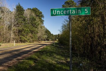 Road sign to Uncertain Texas