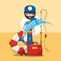 fisherman carrying big fish fishing rod tackle box cartoon vector illustration