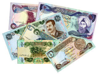 Old different banknotes of Iraq isolated on white background