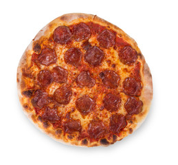 Tasty pizza with sucuk salamy on white background.