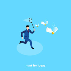 a man in a business suit with a net is chasing flying lights, an isometric image