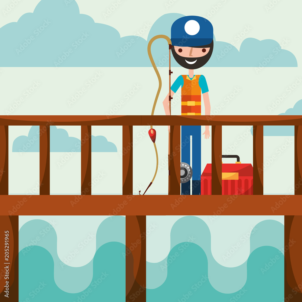 Canvas Prints fisherman in the bridge holding fish rod and tackle box vector illustration