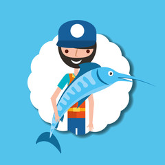 fisherman cartoon character holding big fish vector illustration
