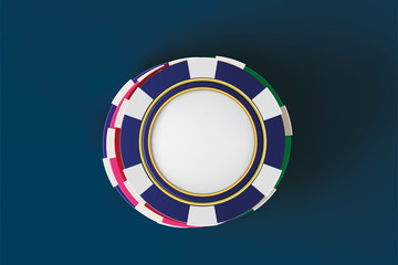 Top view of Casino poker chips on blue background. Online casino chip game on blue table gambling 3d vector concept